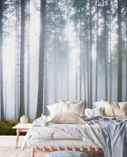mistig bos behangmuurschildering genaamd Morning Forest Mist voor slaapkamer, woonkamer of kantoor