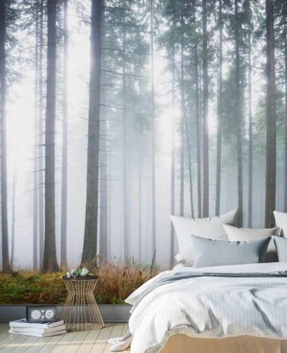 mural de papel pintado de bosque brumoso llamado Morning Forest Mist para dormitorio, sala de estar u oficina