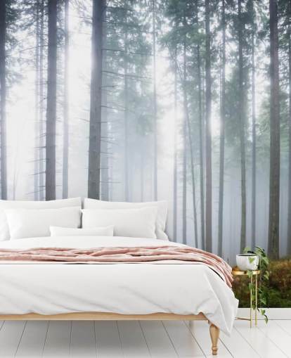 mural de papel pintado de bosque brumoso llamado Morning Forest Mist para dormitorio, sala de estar u oficina