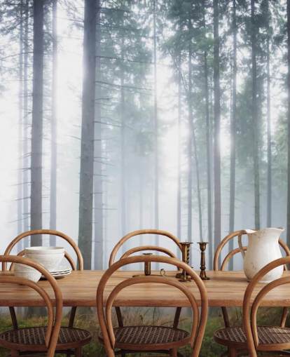 mistig bos behangmuurschildering genaamd Morning Forest Mist voor slaapkamer, woonkamer of kantoor