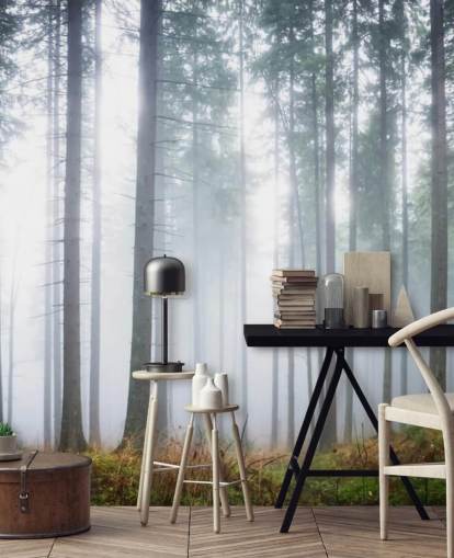 papier peint mural Misty Forest appelé Morning Forest Mist pour chambre à coucher, salon ou bureau