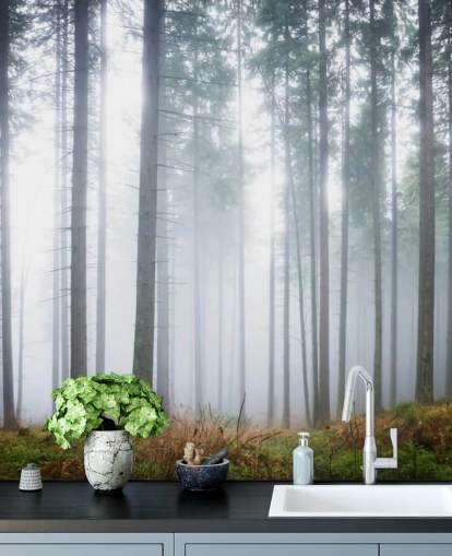 tåkete skog tapet veggmaleri kalt Morning Forest Mist for soverom, stue eller kontor