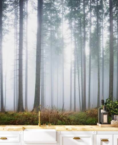 misty forest wallpaper mural called Morning Forest Mist for bedroom, living room or office