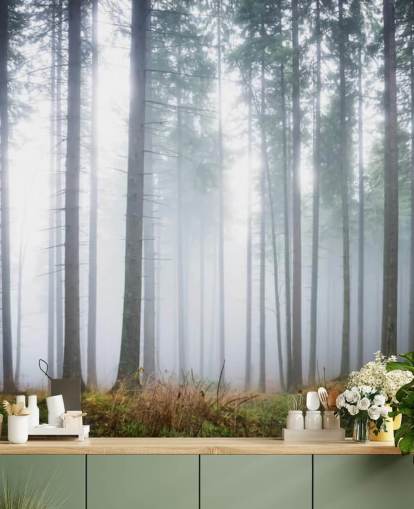 misty forest wallpaper mural called Morning Forest Mist for bedroom, living room or office