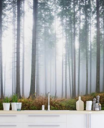 tåkete skog tapet veggmaleri kalt Morning Forest Mist for soverom, stue eller kontor tåkete skog tapet veggmaleri kalt Morning Forest Mist for soverom, stue eller kontor