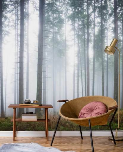 mistig bos behangmuurschildering genaamd Morning Forest Mist voor slaapkamer, woonkamer of kantoor