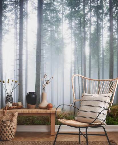 misty forest wallpaper mural called Morning Forest Mist for bedroom, living room or office