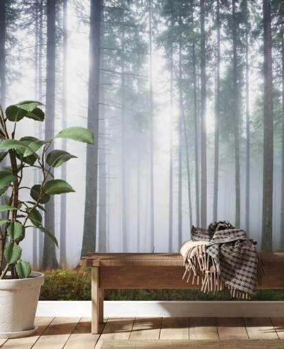 mistig bos behangmuurschildering genaamd Morning Forest Mist voor slaapkamer, woonkamer of kantoor mistig bos behangmuurschildering genaamd Morning Forest Mist voor slaapkamer, woonkamer of kantoor