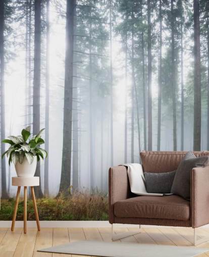 tåkete skog tapet veggmaleri kalt Morning Forest Mist for soverom, stue eller kontor
