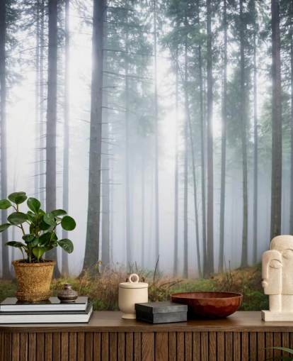 dimmig skog tapetväggmålning kallad Morning Forest Mist för sovrum, vardagsrum eller kontor