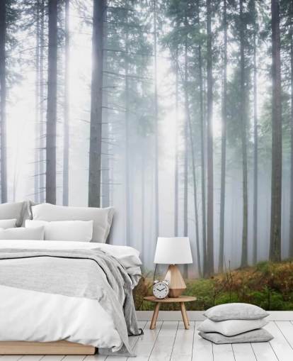 papier peint mural Misty Forest appelé Morning Forest Mist pour chambre à coucher, salon ou bureau