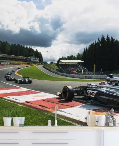 bright F1 wallpaper mural called Lap 1 Belgium 2014 by Darren Heath for bedrooms and home offices