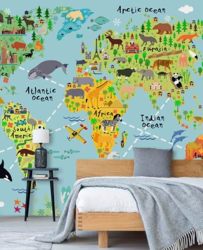 colorful child-friendly world map wallpaper mural called Cartoon World Map with Animals for kids bedrooms and schools
