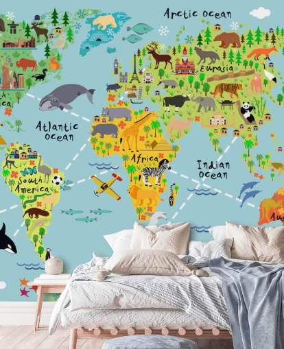 colorful child-friendly world map wallpaper mural called Cartoon World Map with Animals for kids bedrooms and schools