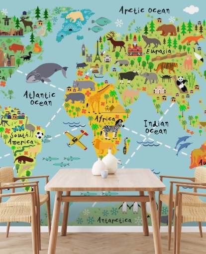 colorful child-friendly world map wallpaper mural called Cartoon World Map with Animals for kids bedrooms and schools
