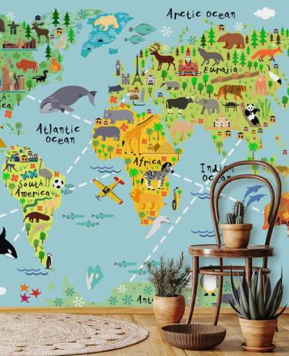 colourful child-friendly world map wallpaper mural called Cartoon World Map with Animals for kids bedrooms and schools