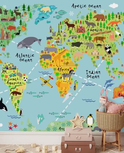 fargerikt barnevennlig verdenskart tapet veggmaleri kalt Cartoon World Map with Animals for barnas soverom og skoler