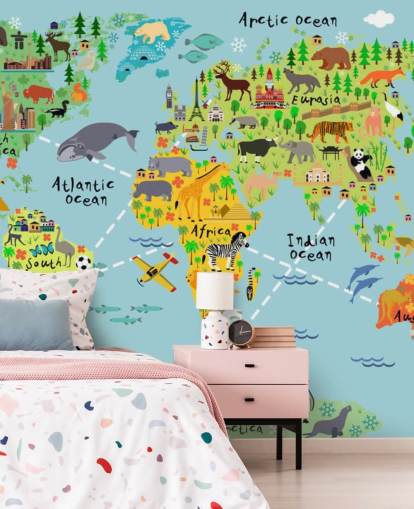colorido mural de papel pintado con un mapa del mundo apto para niños llamado Mapa mundial de dibujos animados con animales para dormitorios de niños y escuelas