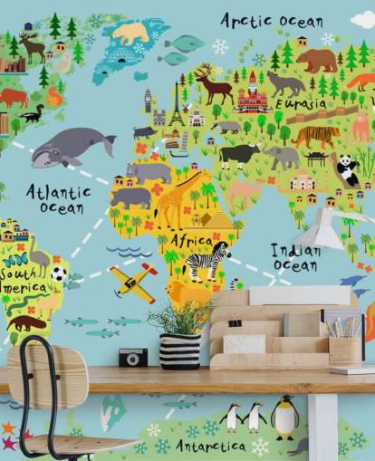 colorido mural de papel pintado con un mapa del mundo apto para niños llamado Mapa mundial de dibujos animados con animales para dormitorios de niños y escuelas
