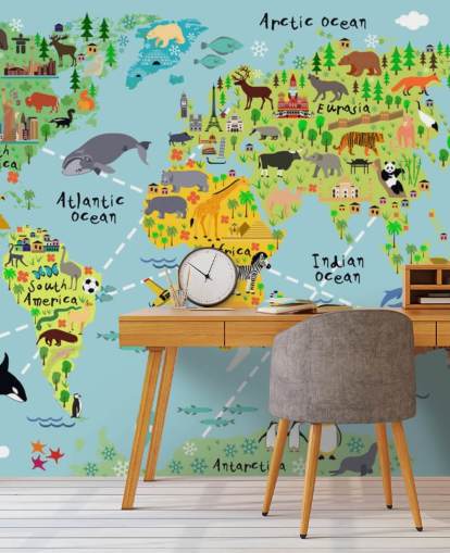 colorful child-friendly world map wallpaper mural called Cartoon World Map with Animals for kids bedrooms and schools