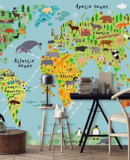 colorido mural de papel pintado con un mapa del mundo apto para niños llamado Mapa mundial de dibujos animados con animales para dormitorios de niños y escuelas