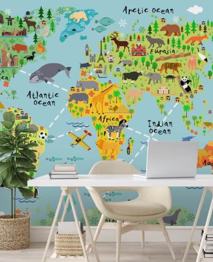 colorido mural de papel pintado con un mapa del mundo apto para niños llamado Mapa mundial de dibujos animados con animales para dormitorios de niños y escuelas