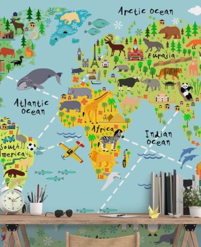colorido mural de papel pintado con un mapa del mundo apto para niños llamado Mapa mundial de dibujos animados con animales para dormitorios de niños y escuelas