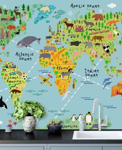 kleurrijke kindvriendelijke wereldkaart muurschildering genaamd Cartoon World Map with Animals voor kinderkamers en scholen