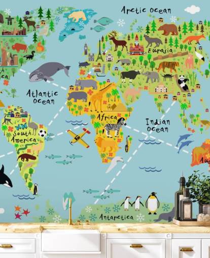 colorful child-friendly world map wallpaper mural called Cartoon World Map with Animals for kids bedrooms and schools