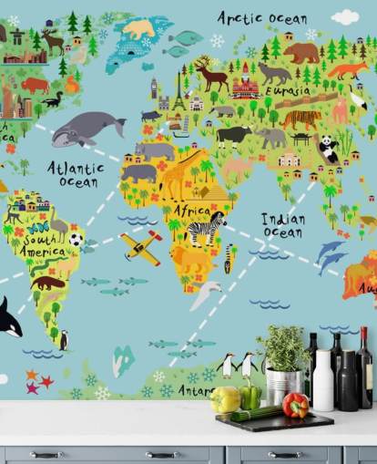 colorido mural de papel pintado con un mapa del mundo apto para niños llamado Mapa mundial de dibujos animados con animales para dormitorios de niños y escuelas