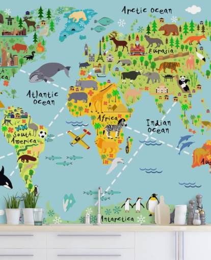colorful child-friendly world map wallpaper mural called Cartoon World Map with Animals for kids bedrooms and schools