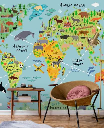 kleurrijke kindvriendelijke wereldkaart muurschildering genaamd Cartoon World Map with Animals voor kinderkamers en scholen