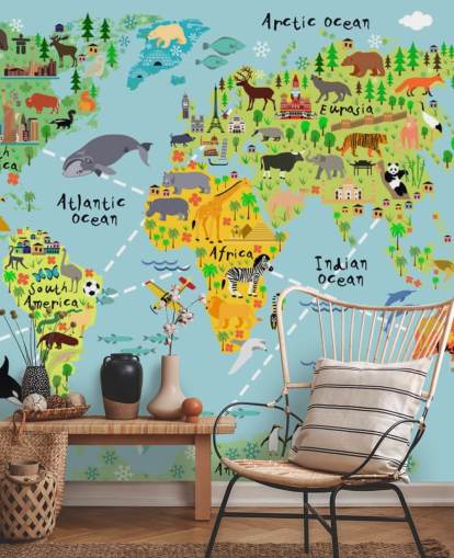 värikäs lapsiystävällinen maailmankartan taustakuvamaalaus nimeltä Cartoon World Map with Animals lasten makuuhuoneisiin ja kouluihin värikäs lapsiystävällinen maailmankartan taustakuvamaalaus nimeltä Cartoon World Map with Animals lasten makuuhuoneisiin ja kouluihin