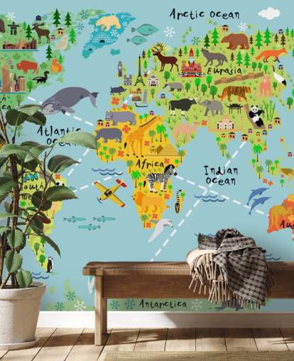 colorido mural de papel pintado con un mapa del mundo apto para niños llamado Mapa mundial de dibujos animados con animales para dormitorios de niños y escuelas