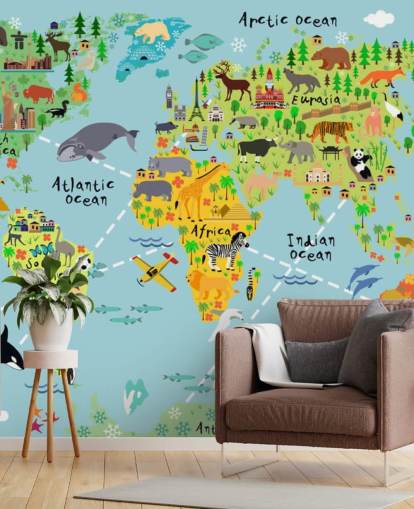 colorido mural de papel pintado con un mapa del mundo apto para niños llamado Mapa mundial de dibujos animados con animales para dormitorios de niños y escuelas