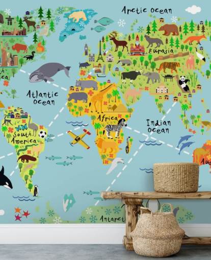 colorido mural de papel pintado con un mapa del mundo apto para niños llamado Mapa mundial de dibujos animados con animales para dormitorios de niños y escuelas