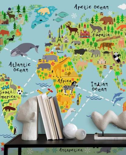 colorful child-friendly world map wallpaper mural called Cartoon World Map with Animals for kids bedrooms and schools colorful child-friendly world map wallpaper mural called Cartoon World Map with Animals for kids bedrooms and schools
