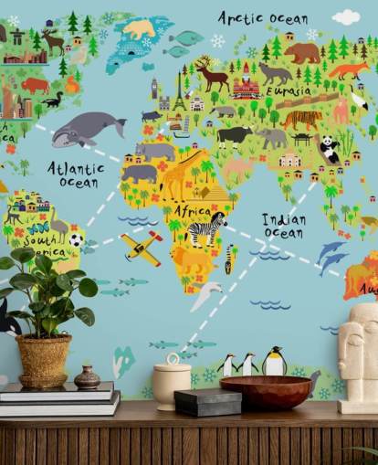 colorful child-friendly world map wallpaper mural called Cartoon World Map with Animals for kids bedrooms and schools