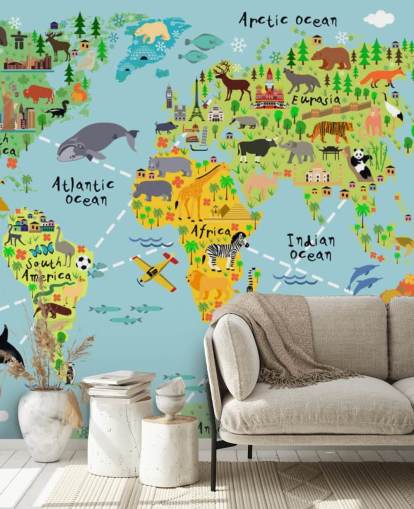 colorido mural de papel pintado con un mapa del mundo apto para niños llamado Mapa mundial de dibujos animados con animales para dormitorios de niños y escuelas