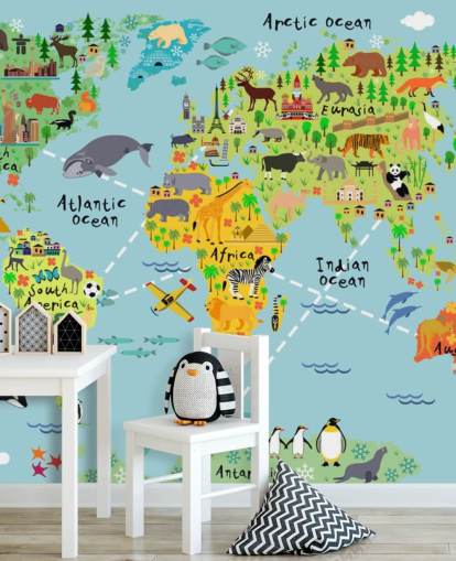 kleurrijke kindvriendelijke wereldkaart muurschildering genaamd Cartoon World Map with Animals voor kinderkamers en scholen kleurrijke kindvriendelijke wereldkaart muurschildering genaamd Cartoon World Map with Animals voor kinderkamers en scholen