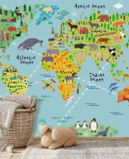 papier peint mural coloré de carte du monde adapté aux enfants appelé Cartoon World Map with Animals pour les chambres d'enfants et les écoles papier peint mural coloré de carte du monde adapté aux enfants appelé Cartoon World Map with Animals pour les chambres d'enfants et les écoles