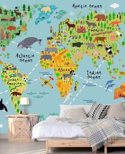 colorful child-friendly world map wallpaper mural called Cartoon World Map with Animals for kids bedrooms and schools