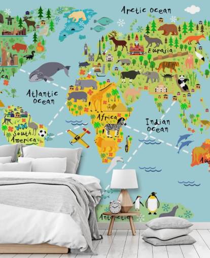 colorful child-friendly world map wallpaper mural called Cartoon World Map with Animals for kids bedrooms and schools