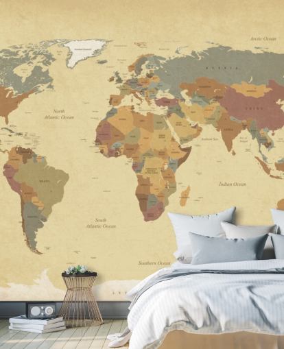 bruine getextureerde vintage wereldkaart behangmuurschildering genaamd Textured Vintage World Map voor huizen en kantoren