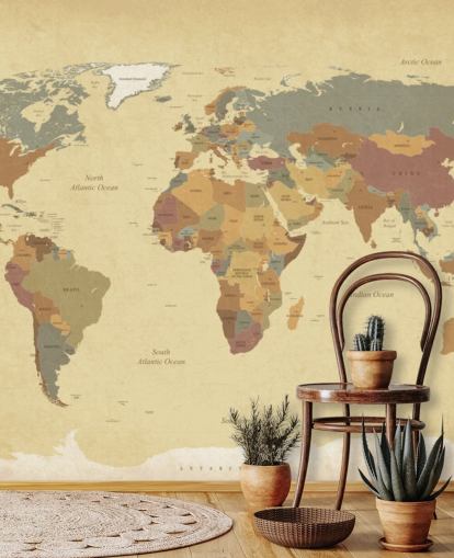 bruine getextureerde vintage wereldkaart behangmuurschildering genaamd Textured Vintage World Map voor huizen en kantoren