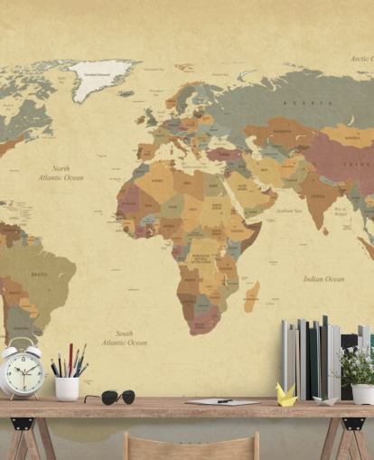 mural de papel pintado de mapa del mundo vintage con textura marrón llamado Mapa del mundo vintage texturizado para hogares y oficinas