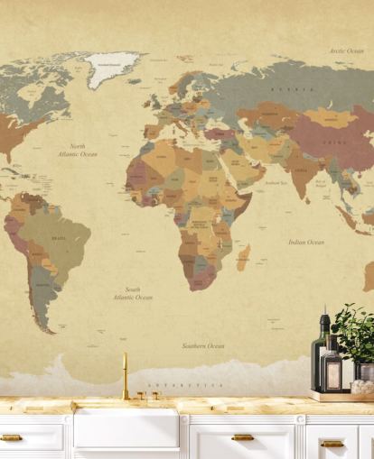 papier peint mural de carte du monde vintage texturé marron appelé Carte du monde vintage texturée pour les maisons et les bureaux