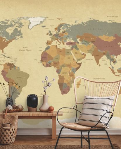 mural de papel pintado de mapa del mundo vintage con textura marrón llamado Mapa del mundo vintage texturizado para hogares y oficinas