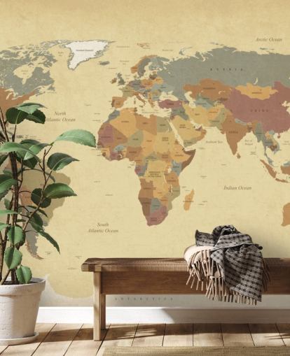 mural de papel de parede de mapa-múndi vintage com textura marrom chamado Mapa Mundial Vintage Texturizado para residências e escritórios
