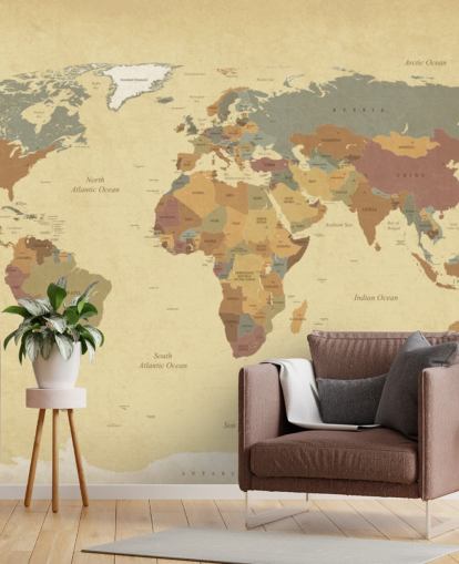 brown textured vintage world map wallpaper mural called Textured Vintage World Map for homes and offices